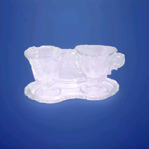 MCM Coffee Tea Service Floral Etched Glass Creamer Sugar Bowl And Tray - Picture 1 of 9